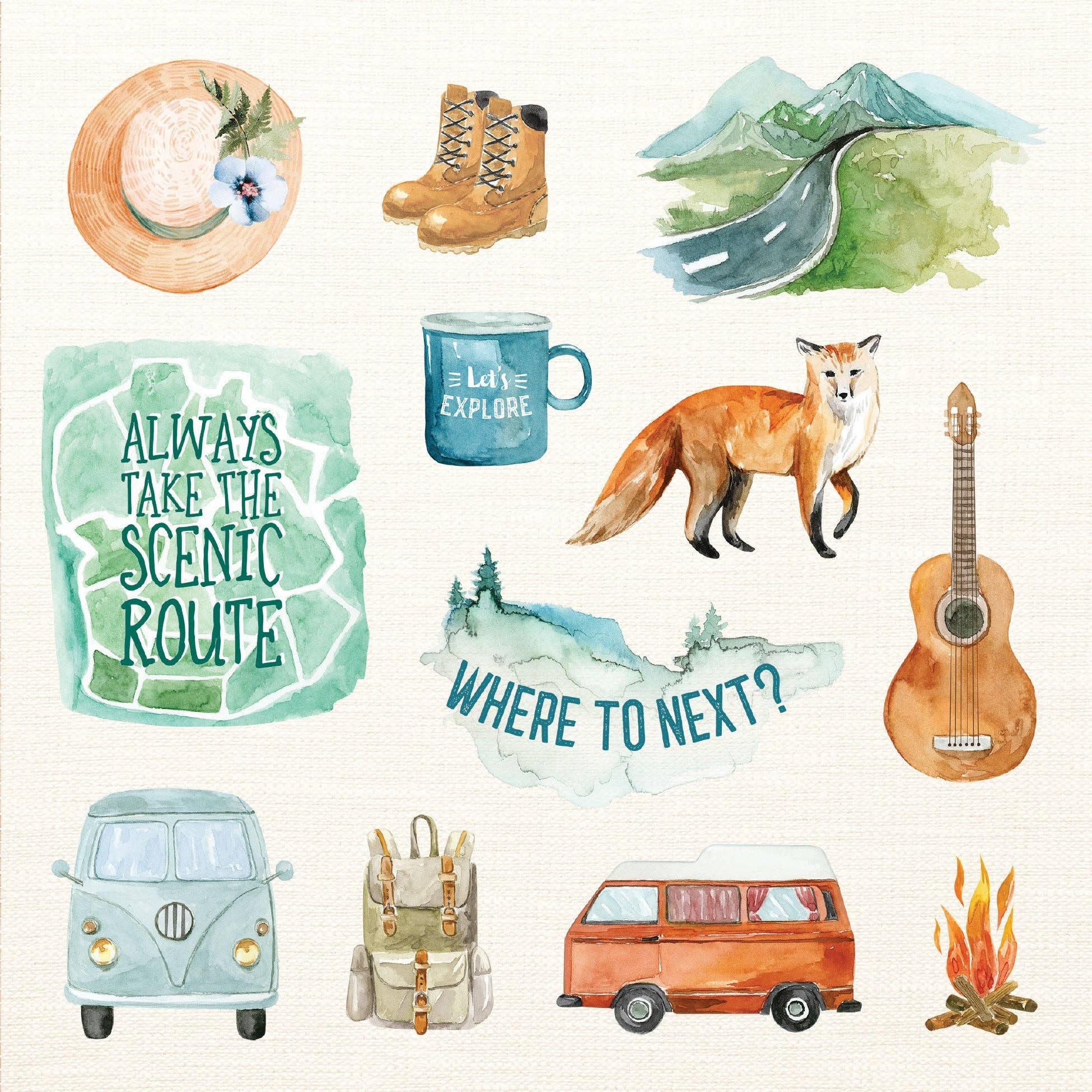 Collection of travel-themed illustrations including a guitar, fox, and camping items on a white background.
