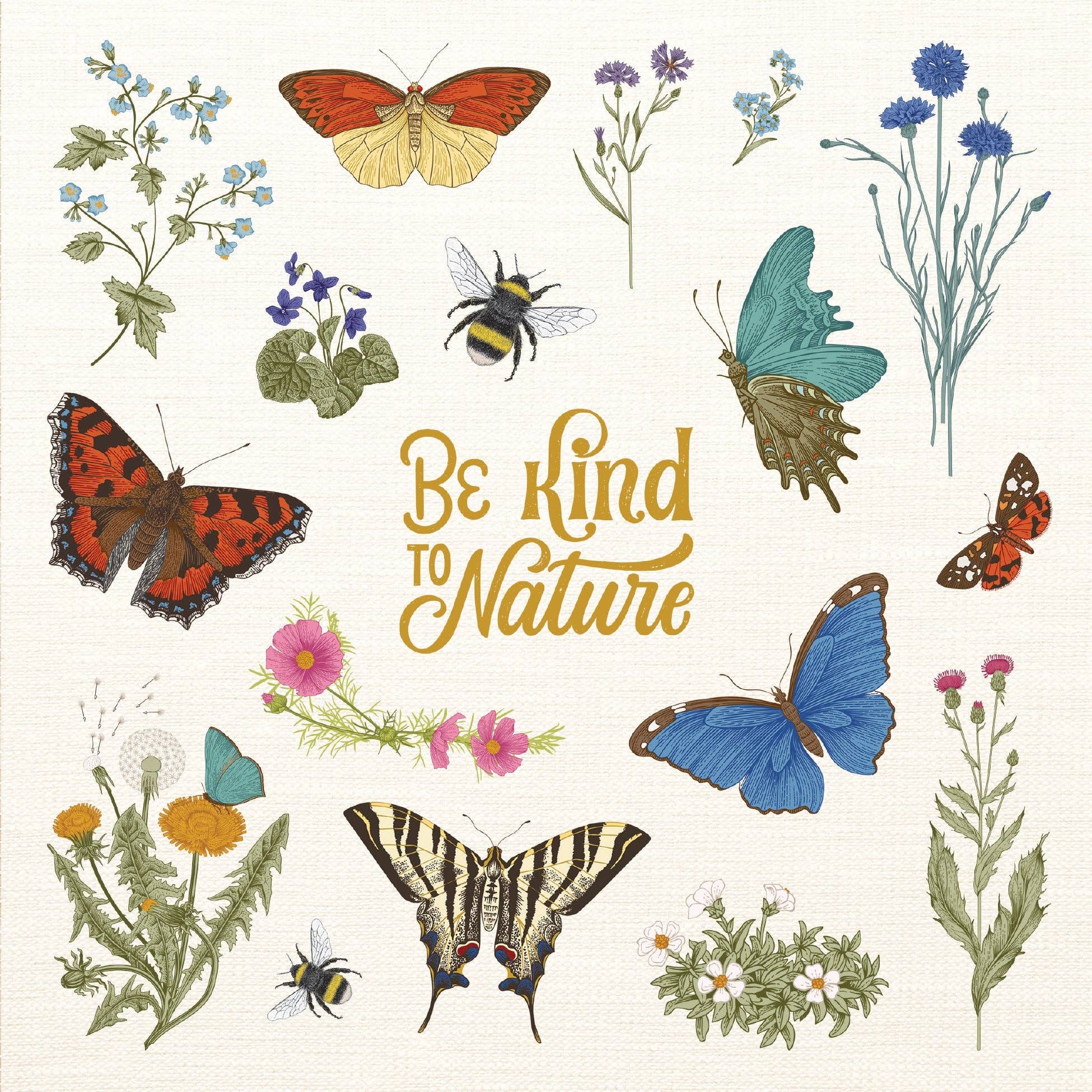 Illustrations of butterflies, bees, and flowers with the text 'Be Kind to Nature' on a white background.
