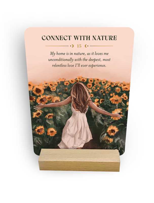 Card with a woman in a dress standing in a sunflower field and text about connecting with nature.