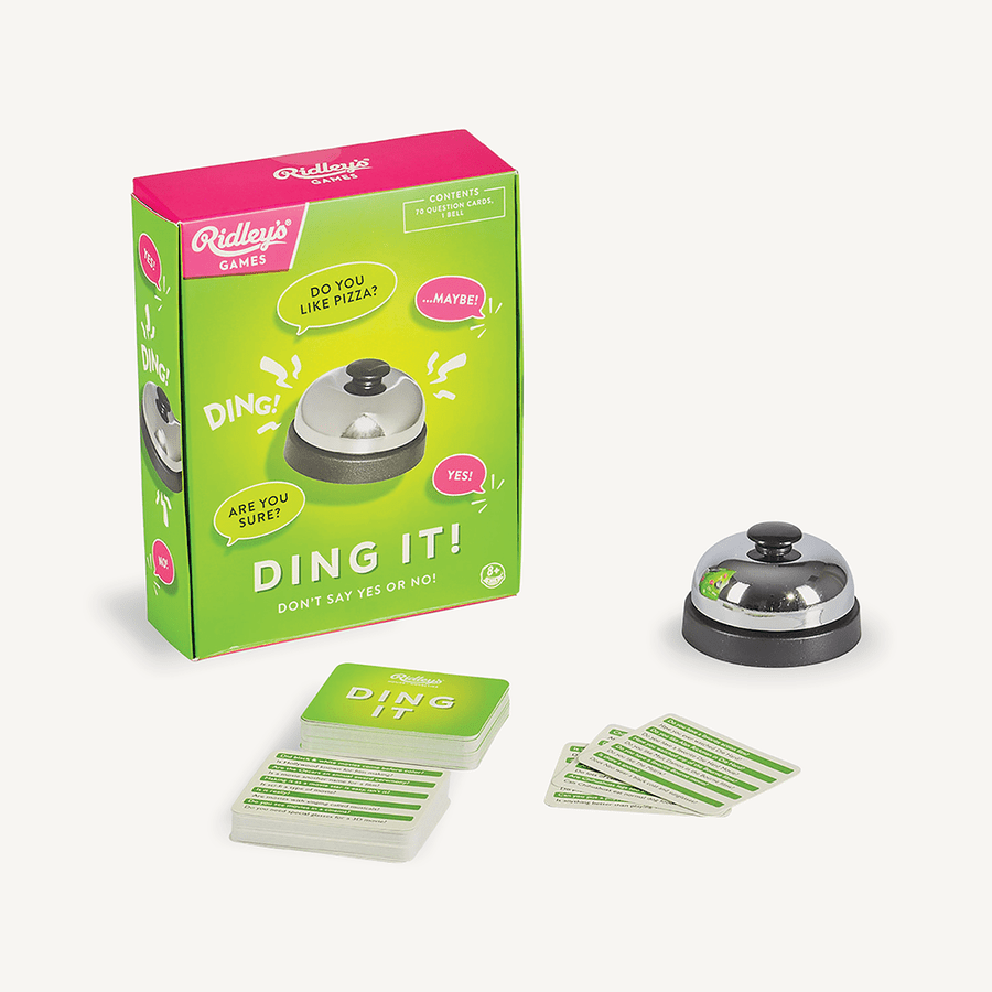 Ding It! game set with packaging, bell, and cards on a white background