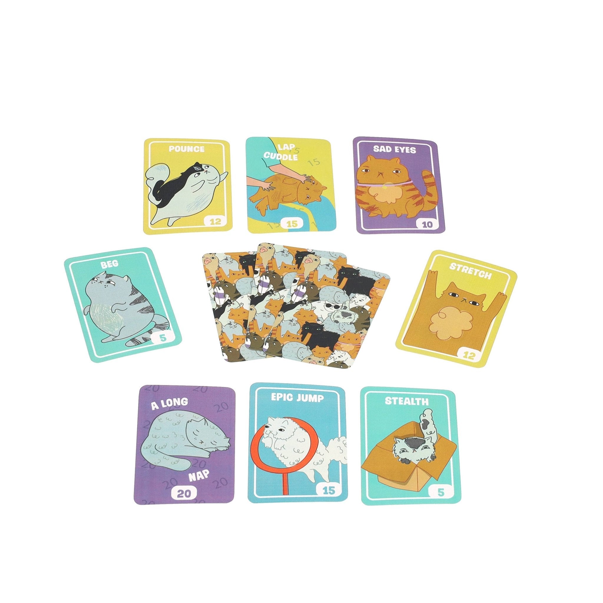 Cat-themed playing card game showing cards with cartoon cats like Pounce, Lap Cuddle, Sad Eyes, Epic Jump, Stealth.