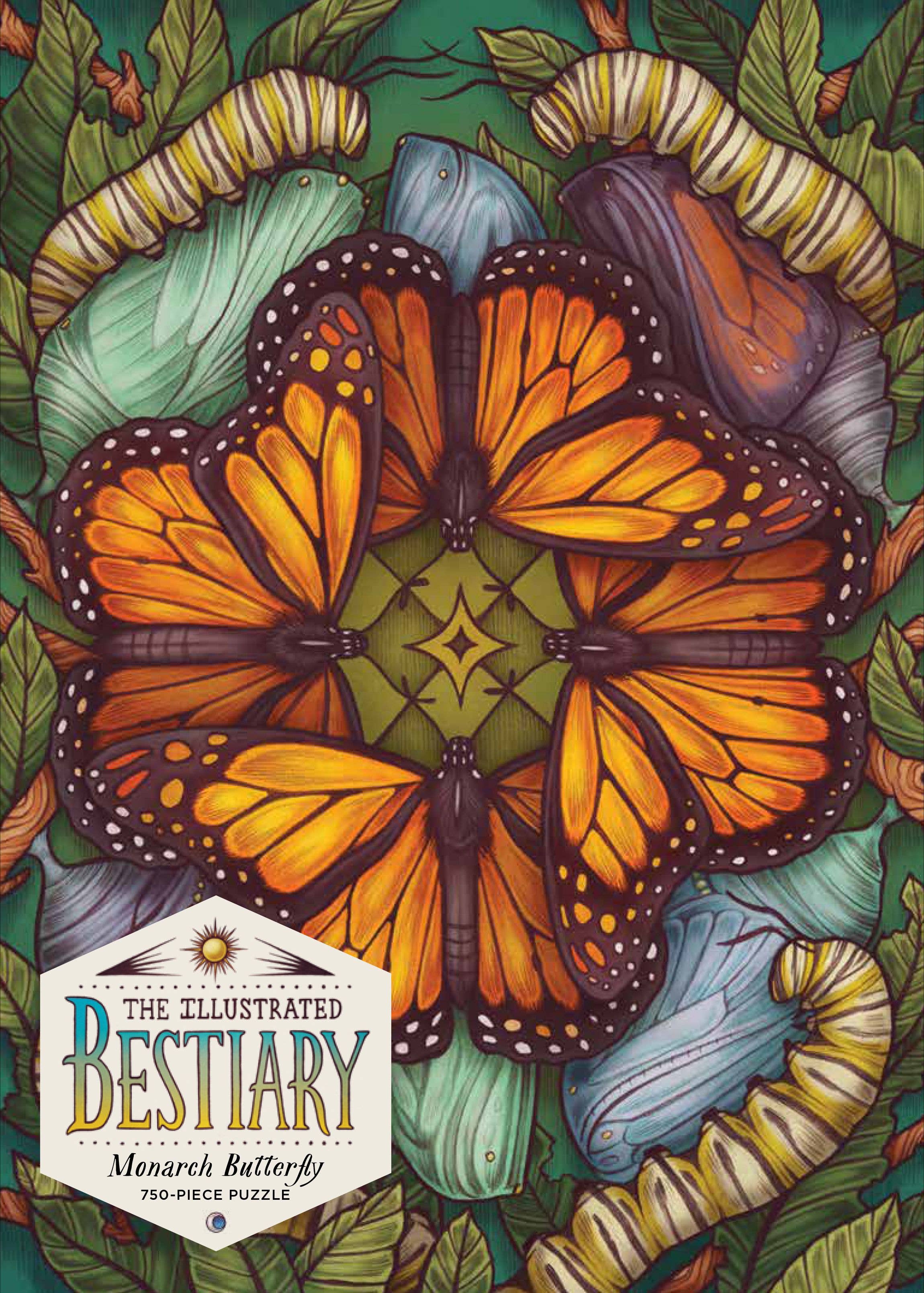 Illustrated bestiary featuring a monarch butterfly surrounded by leaves and caterpillars.