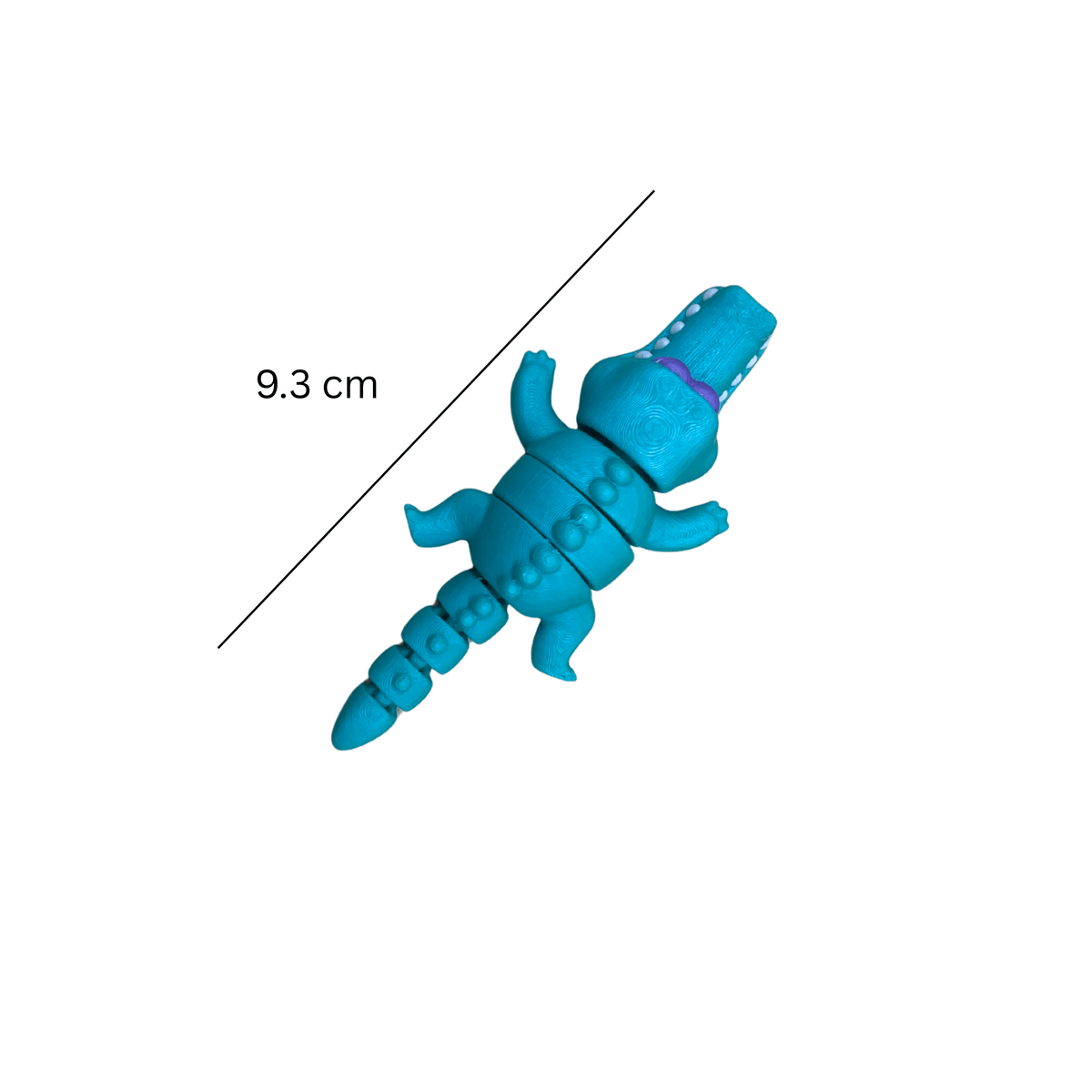 Blue toy alligator with measurement label on a white background