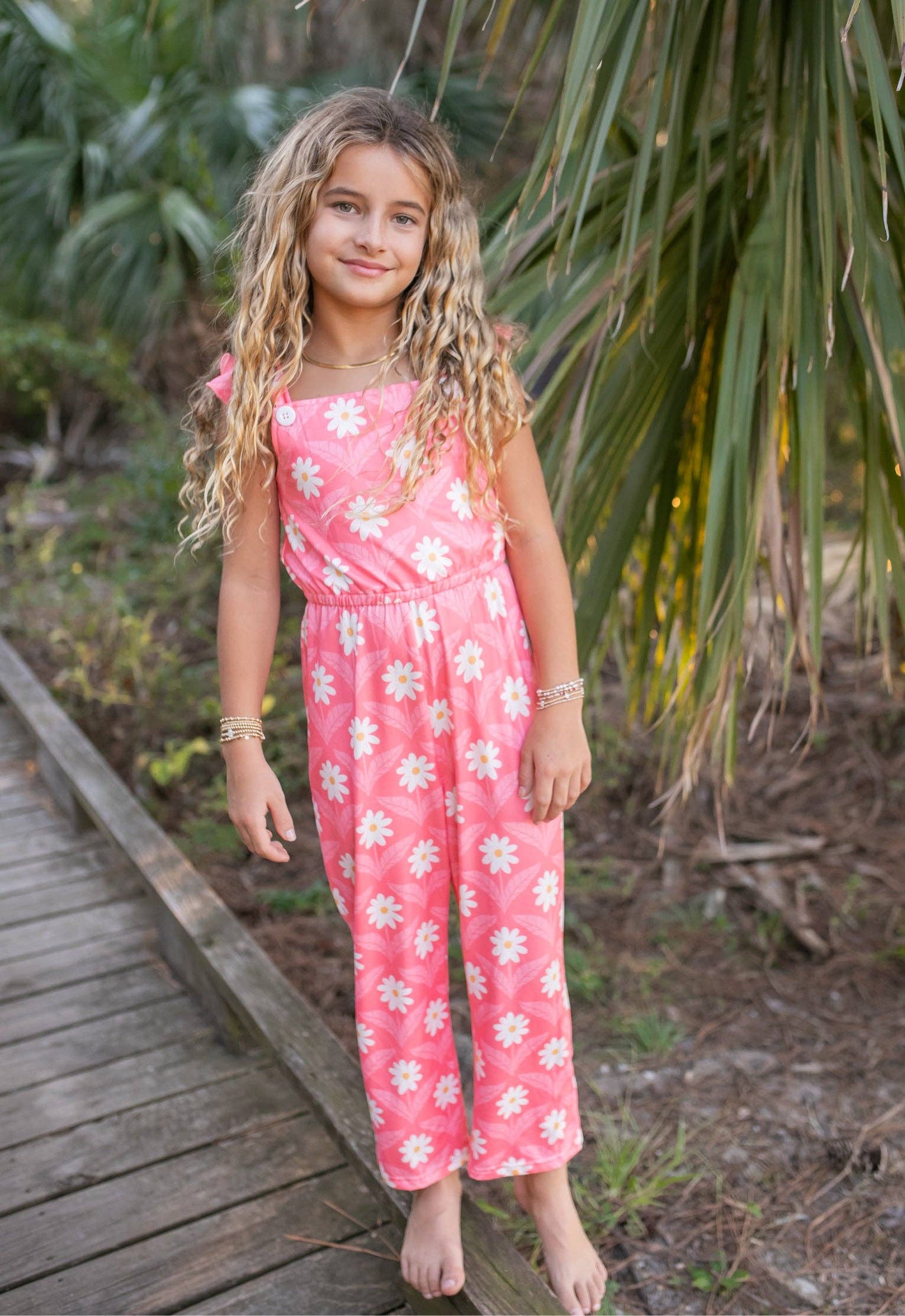 Girls Pink Amelia Daisy Flower Spring Summer Jumpsuit - Foxy’s