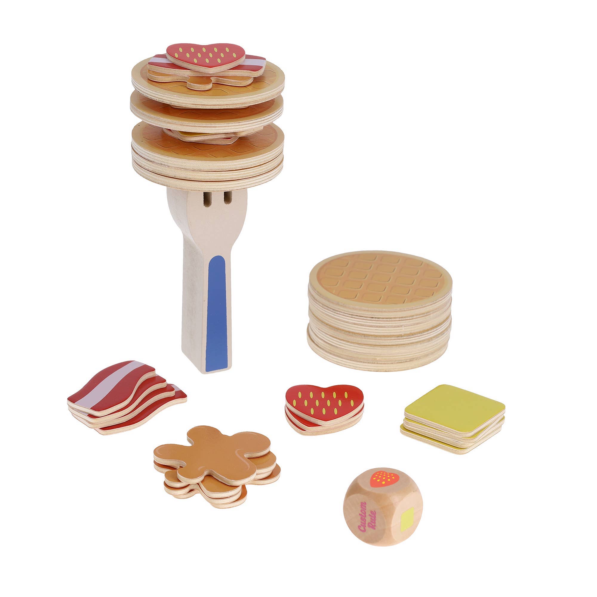 Wooden pancake stacking toy with pancakes, bacon, strawberry, butter toppings, a serving fork, and a custom rule die.