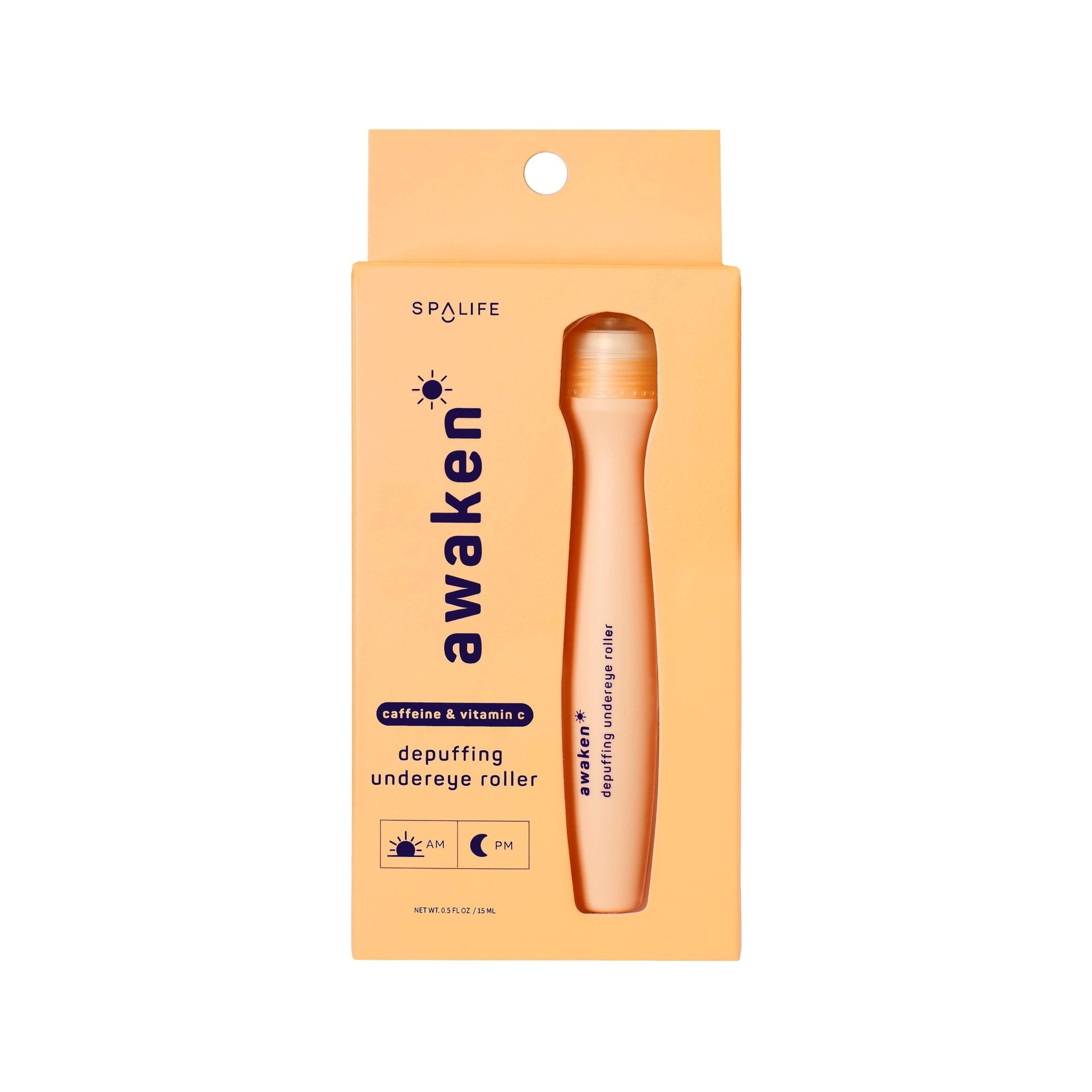 Spalife Awaken depuffing undereye roller with caffeine and vitamin C. AM/PM use. Helps reduce puffiness.