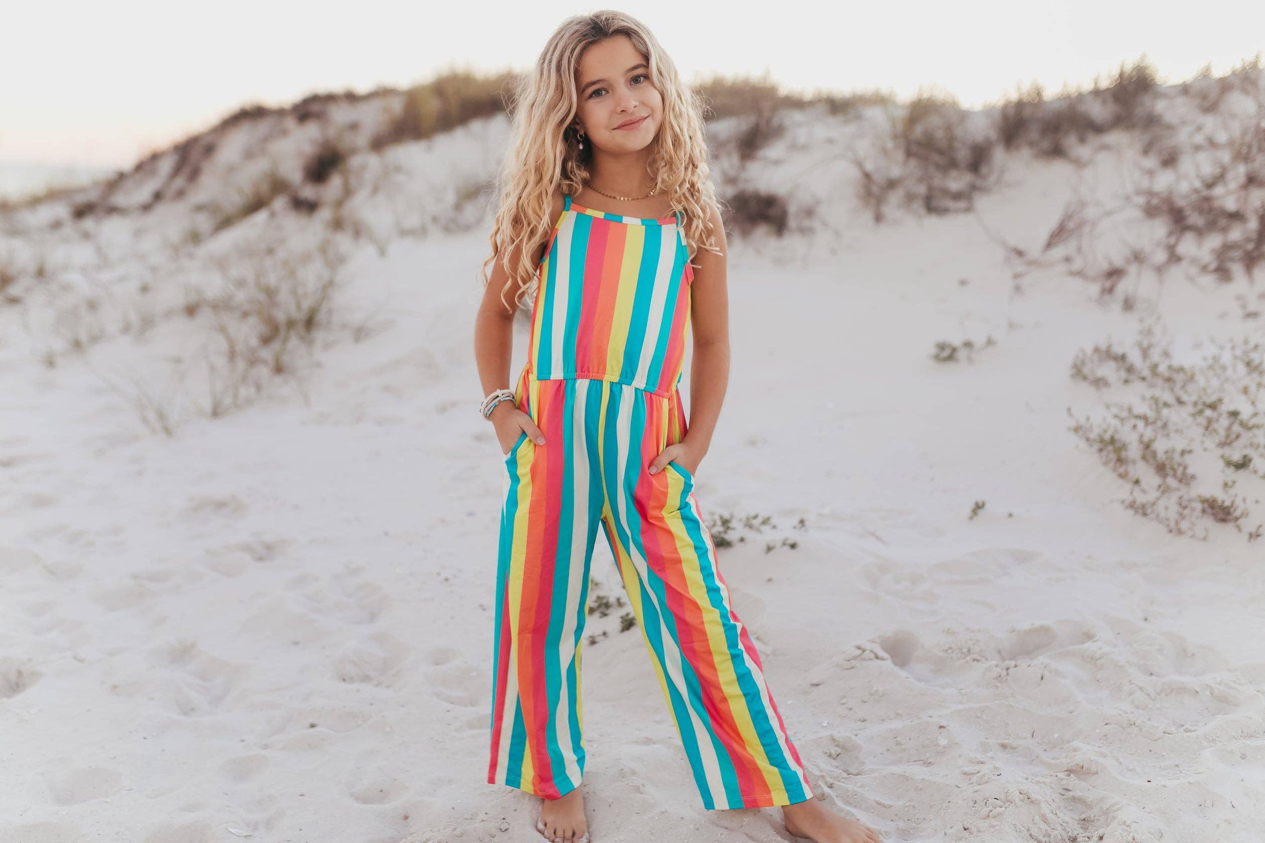 Kids Millie Rainbow Stripe Spring Jumpsuit With Pockets - Foxy’s
