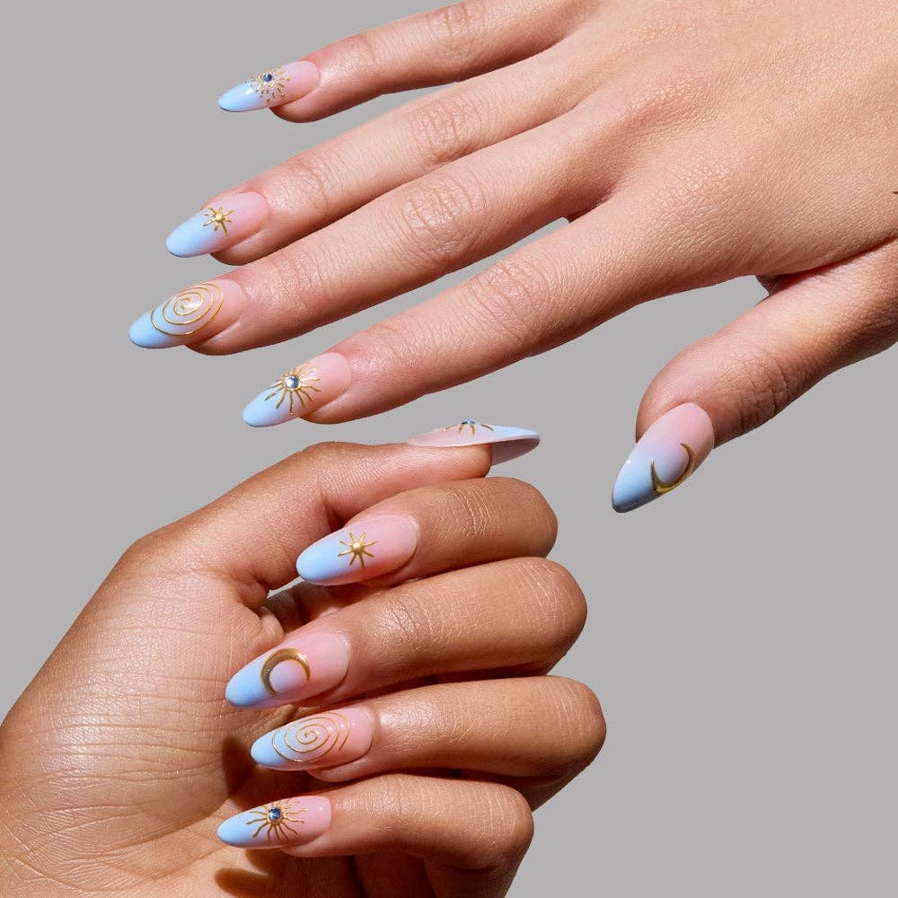 Spirited Sky Press-On Nails | Blue Gold Ombre Medium Oval - Foxy’s