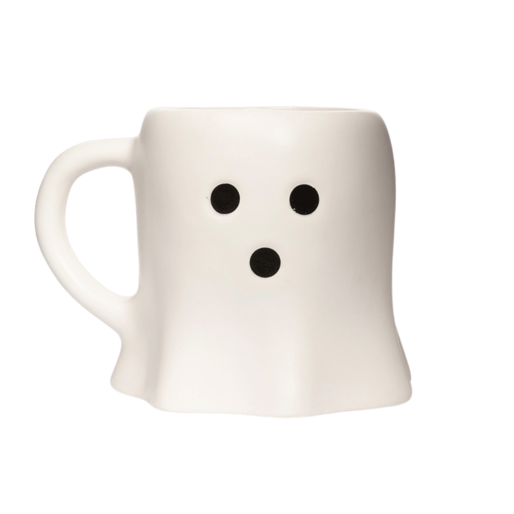 White mug shaped like a ghost with black dot eyes and mouth on a transparent background