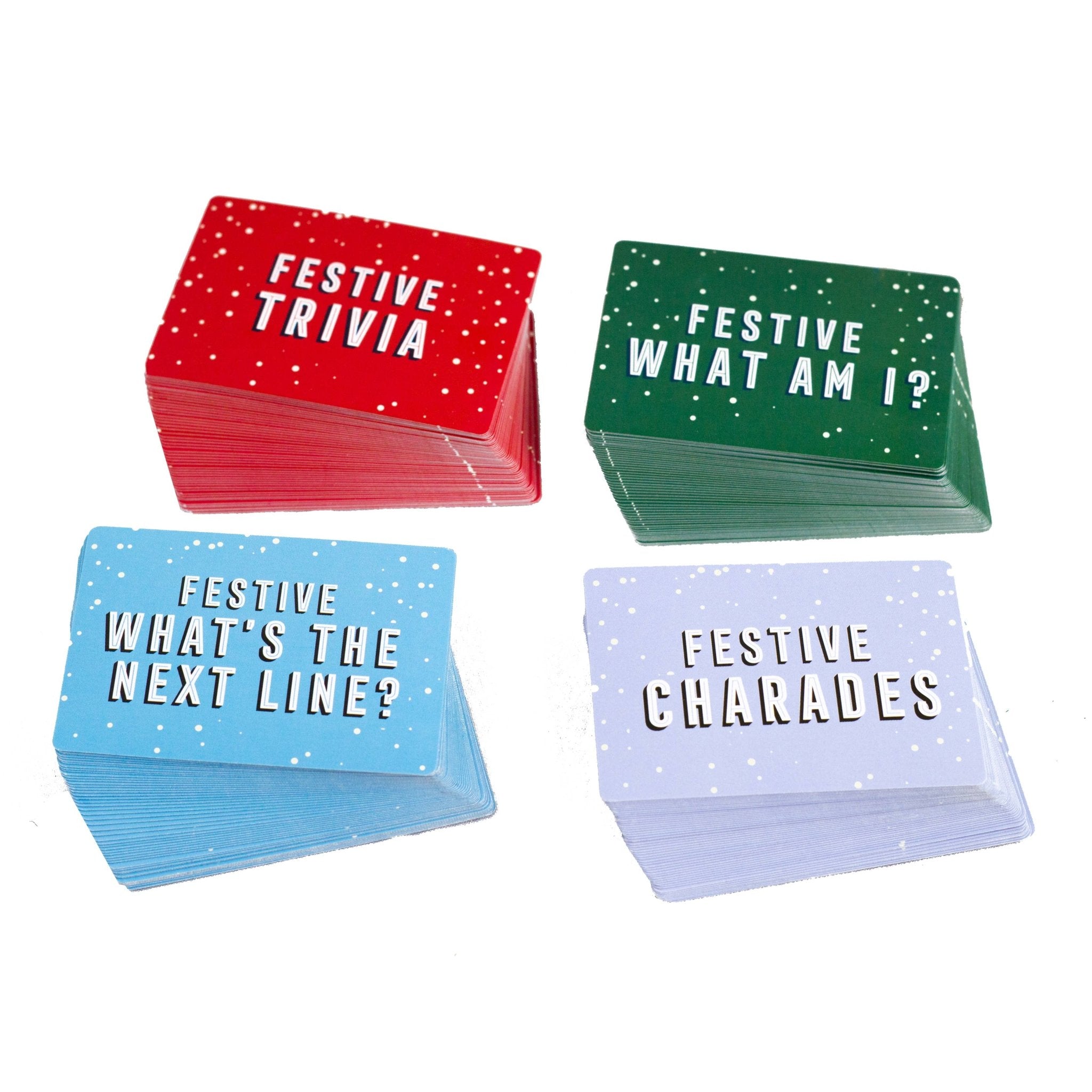 Four stacks of festive trivia cards in red, green, blue, and purple on a white background.