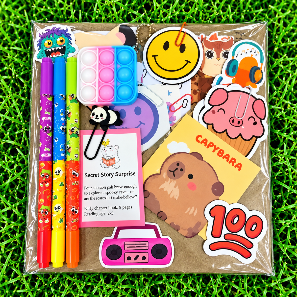 A packaged stationery surprise box on a green grass-like background. The clear plastic bag contains colorful cartoon pens, a blue and pink pop bubble toy, multiple stickers, a paperclip, and a small card labeled 'Secret Story Surprise.