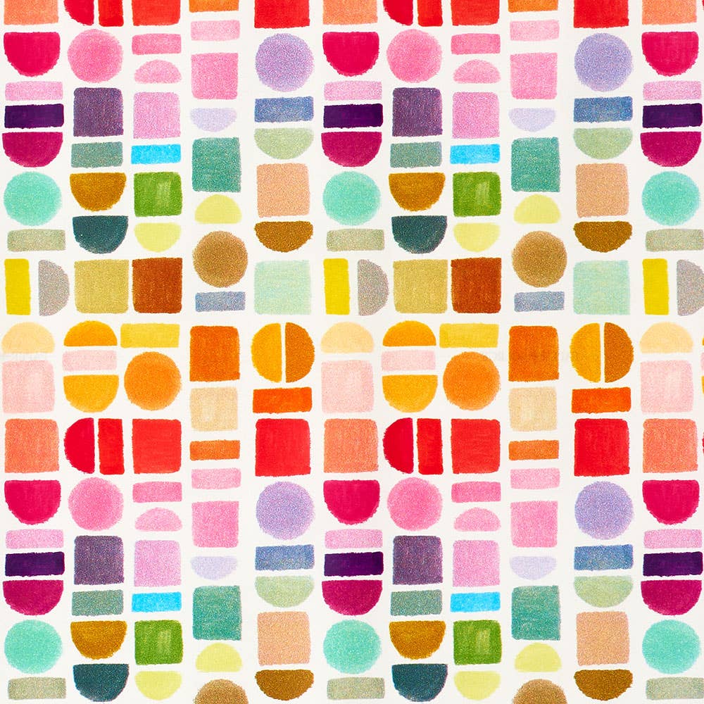 Pattern of colorful geometric shapes on a white background