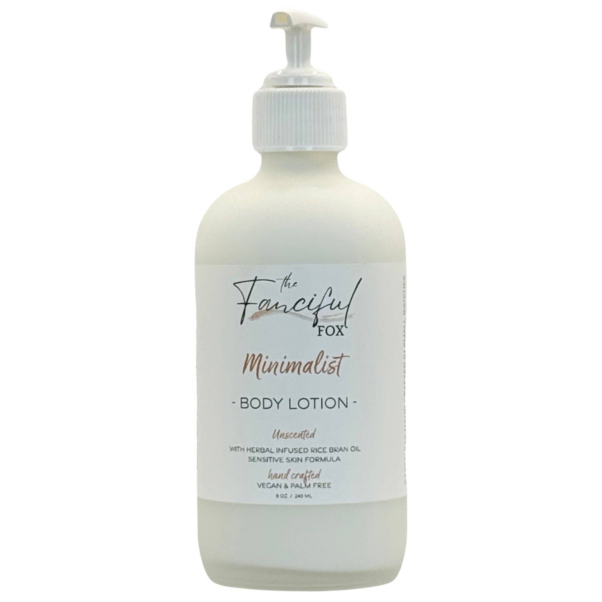 The Fanciful Fox Minimalist Body Lotion. Unscented, herbal infused rice bran oil formula for sensitive skin. Vegan and palm free.