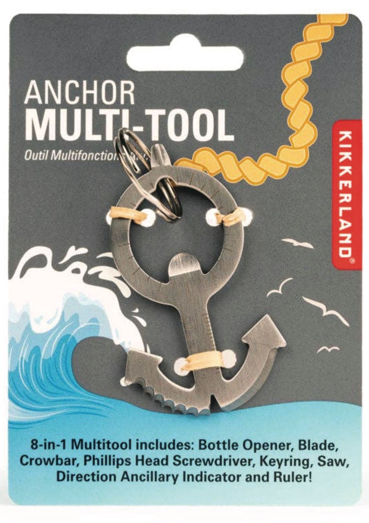 Anchor multi-tool on Kikkerland packaging with wave and sky design