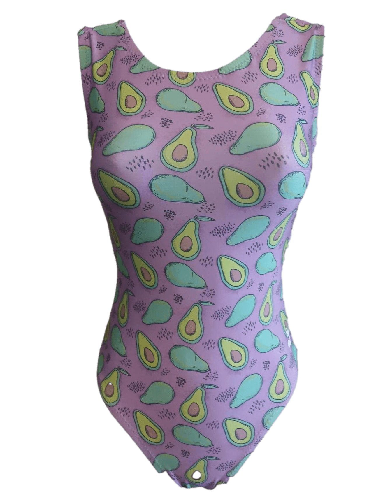 Purple foxys leotard for gymnastics with purple background and green avocado pattern on a white background