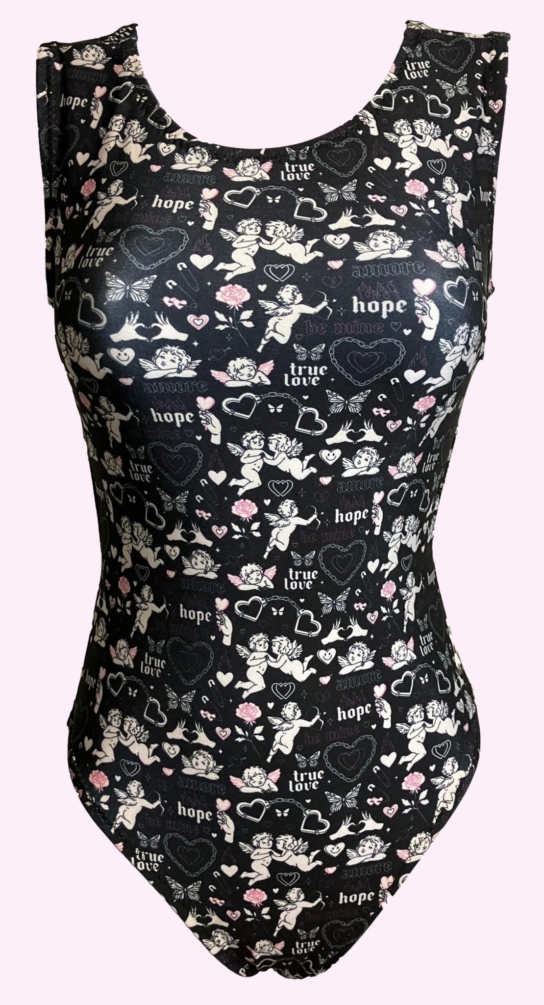 Black printed bodysuit with a pattern of cherubs, hearts, roses, and words 'amore', 'hope', 'true love', 'be mine'.