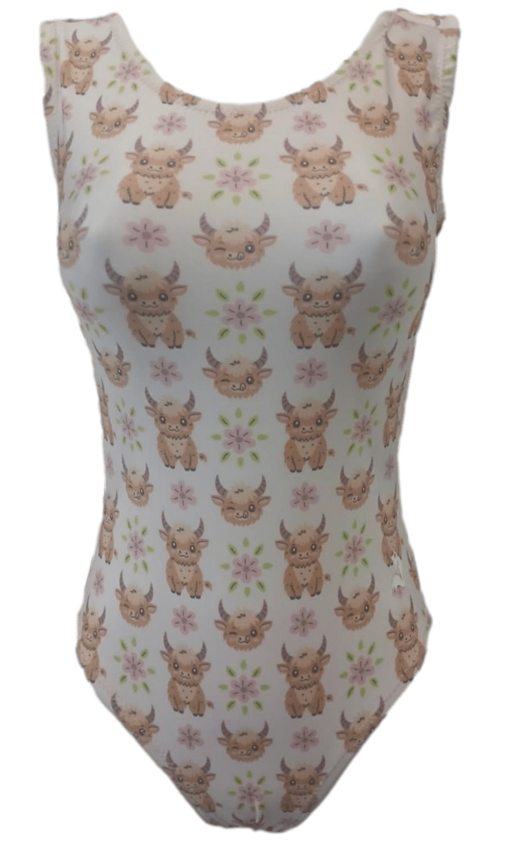 White bodysuit with brown cow and floral pattern on a green background.