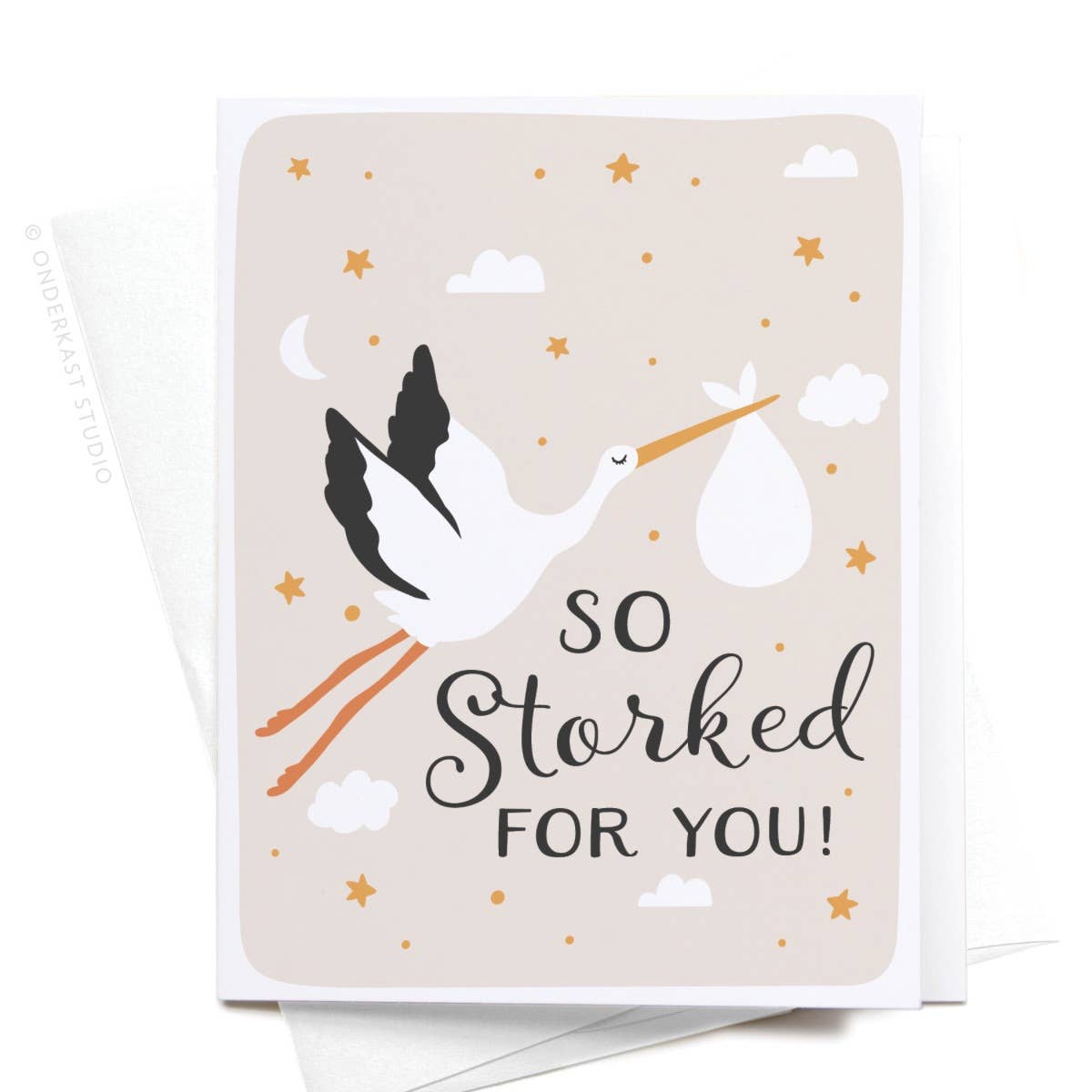 Stork baby shower card with 'So Storked For You!' message. Cute baby shower invitation.