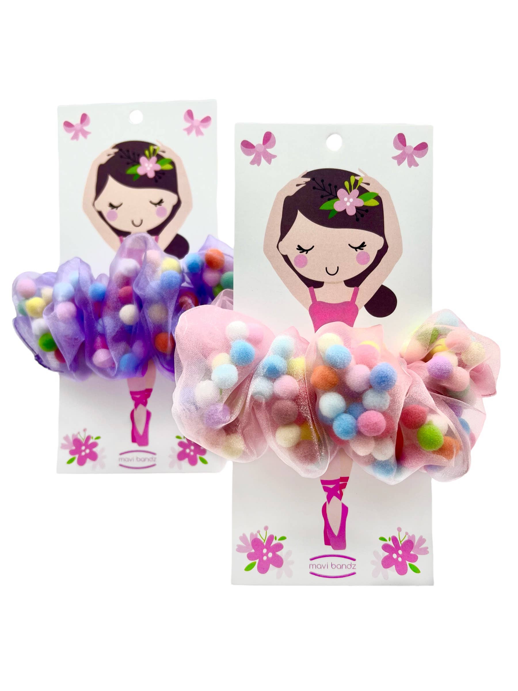 Two Mavi Bandz ballerina scrunchies with colorful pom poms, pink and purple tulle.