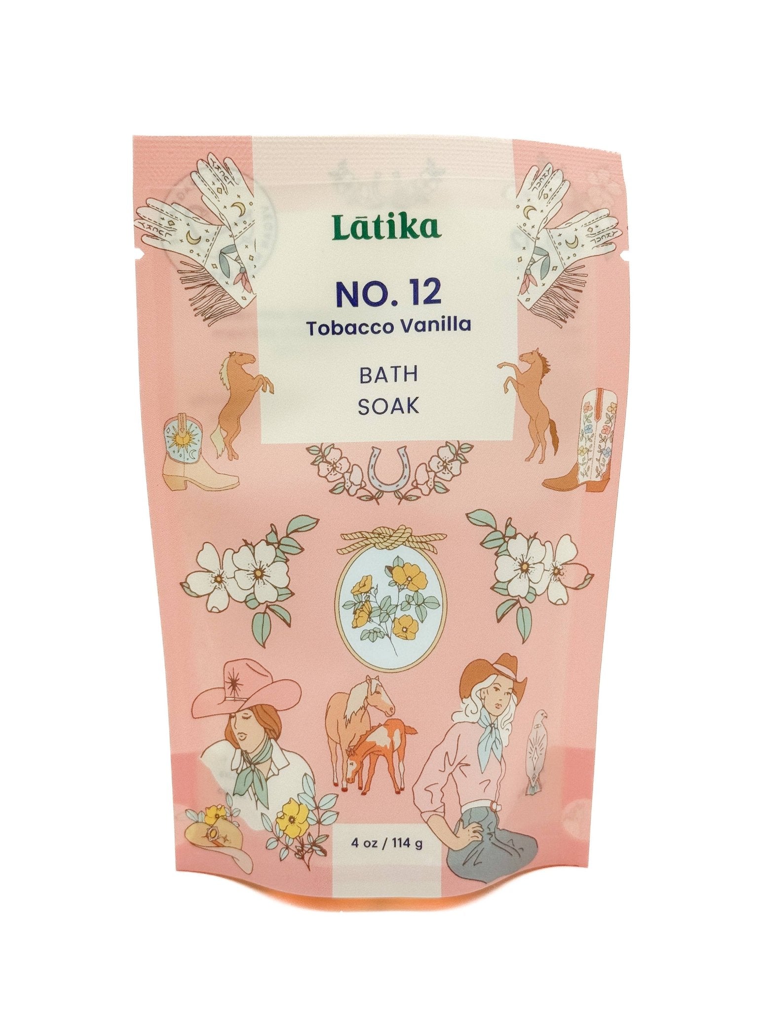 Latika No. 12 Tobacco Vanilla Bath Soak, 4 oz. Pink package with western-themed illustrations.