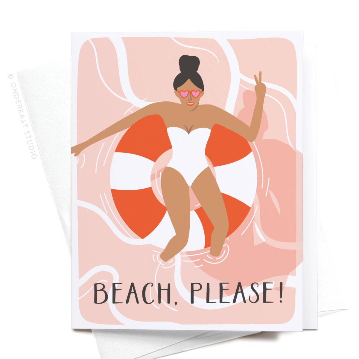 "Beach, Please!" greeting card featuring a woman in a swimsuit with a life preserver, heart-shaped sunglasses, and a peace sign.