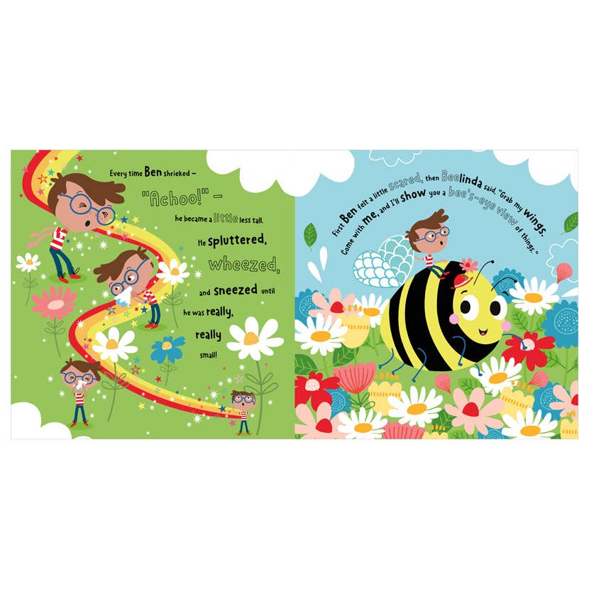 A children's picture book spread with two illustrated pages. The left page shows children playing on a rainbow path through flowers, and the right page shows a smiling bee surrounded by daisies and colorful blossoms.