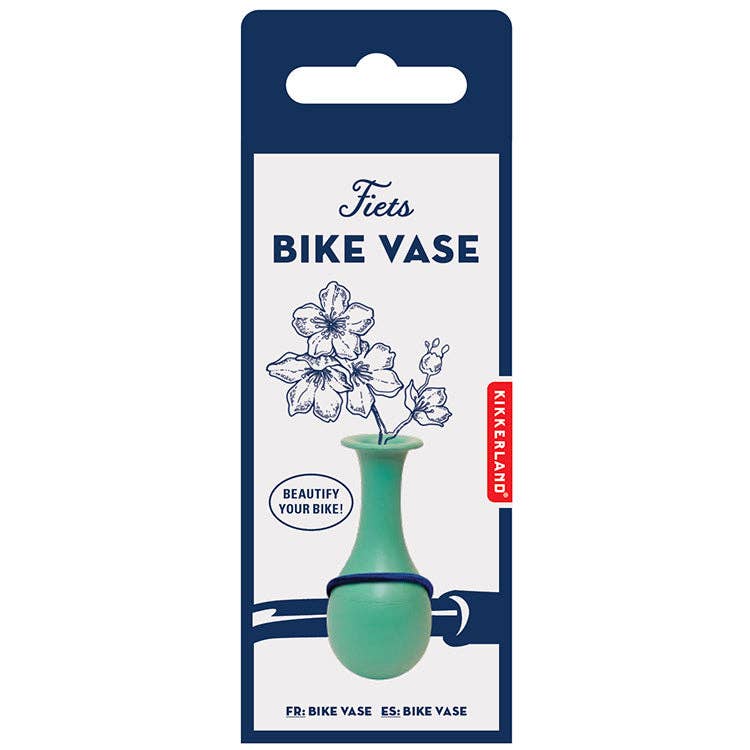 Kikkerland Fiets bike vase packaging. Decorative flower holder for bicycle handlebars.
