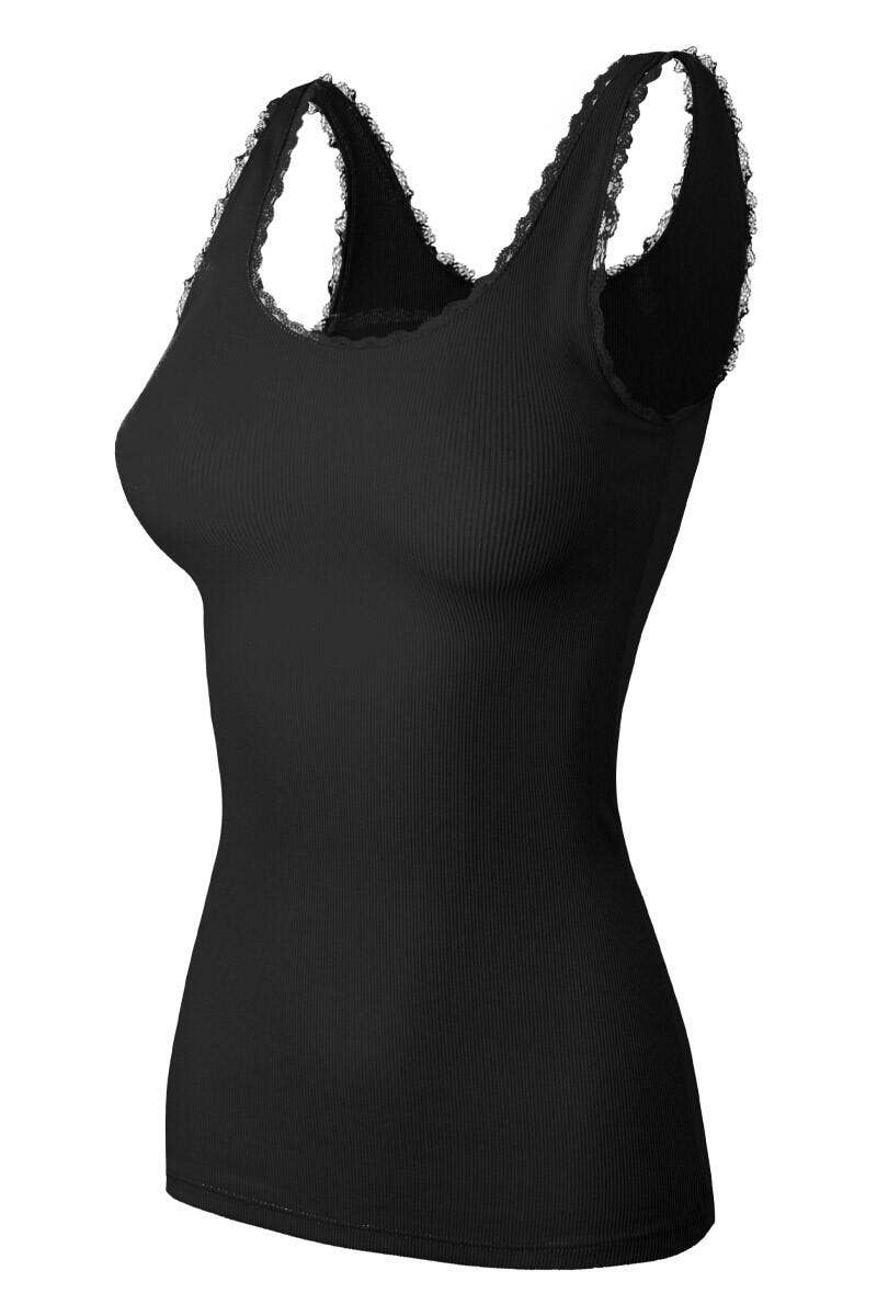 Black tank top with lace trim on a white background