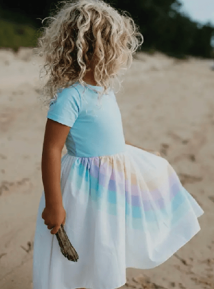Kids Pastel Blue Rainbow Hi Lo Spring Summer Dress - Foxy’s
