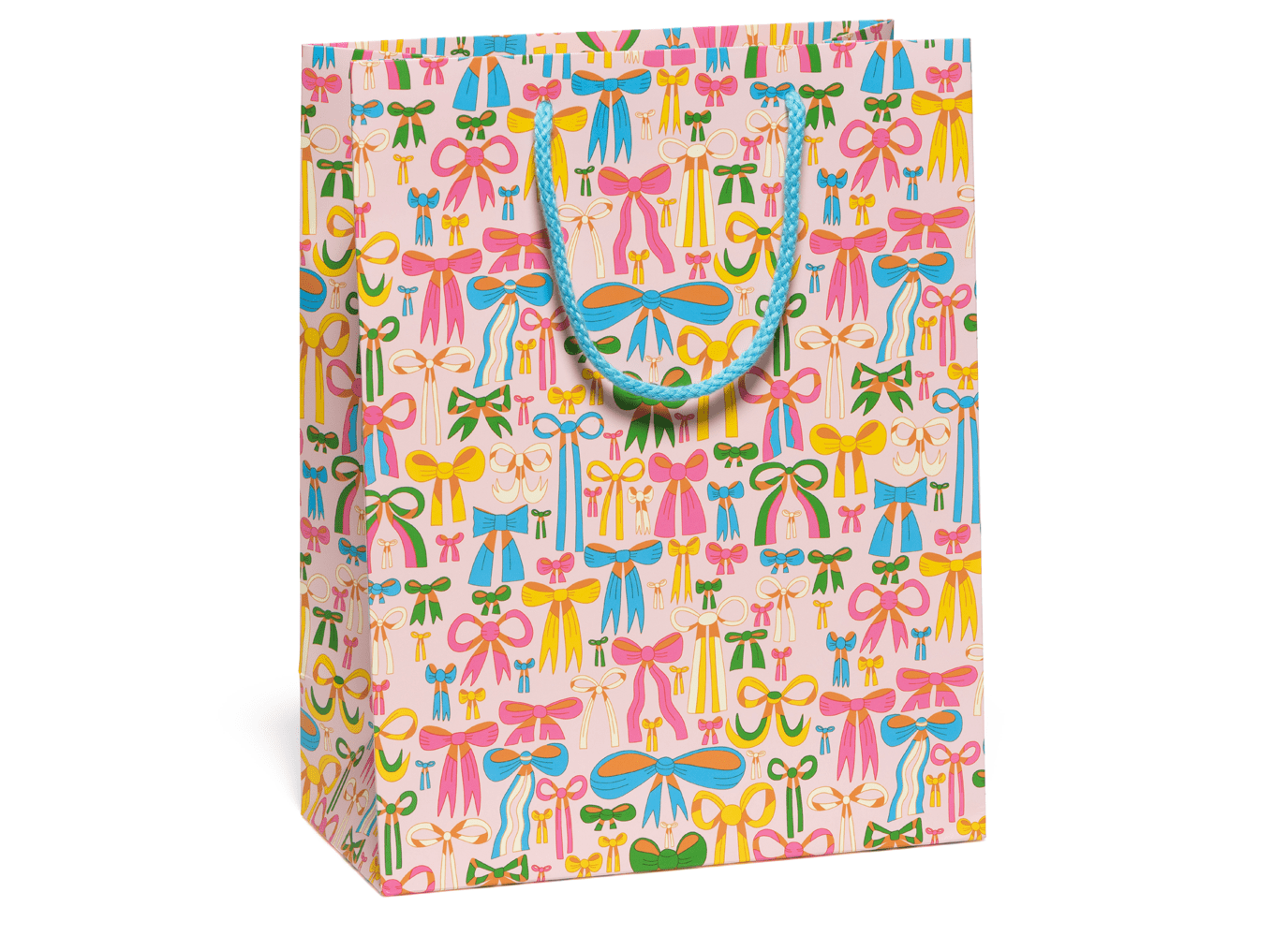Large gift bag with colorful bow pattern and blue rope handles.