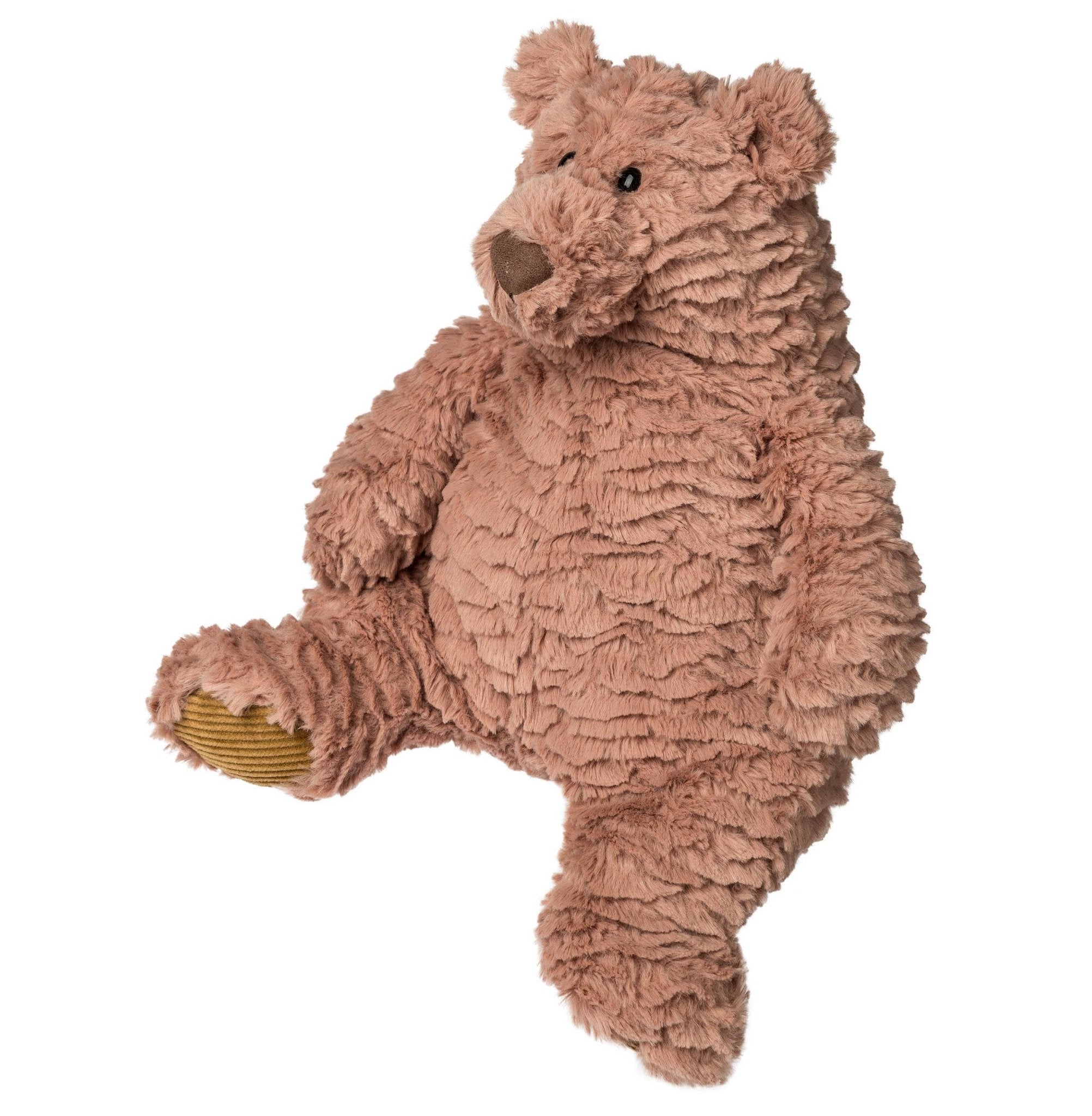 Brown plush teddy bear toy with textured fur and corduroy paw.