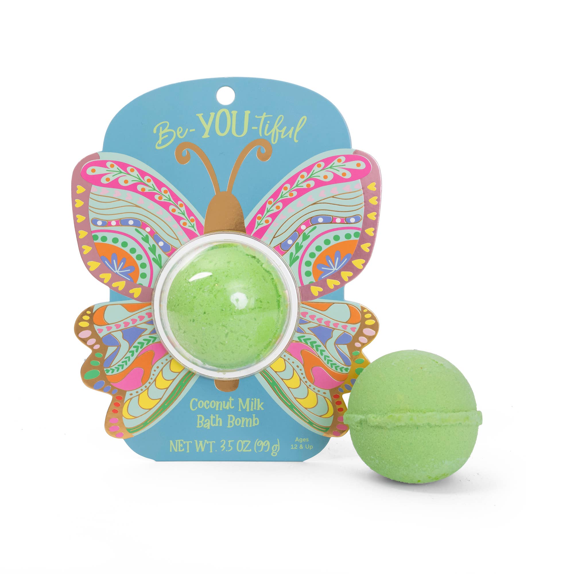 Coconut Milk bath bomb, green sphere, butterfly-shaped packaging, net wt 3.5 oz