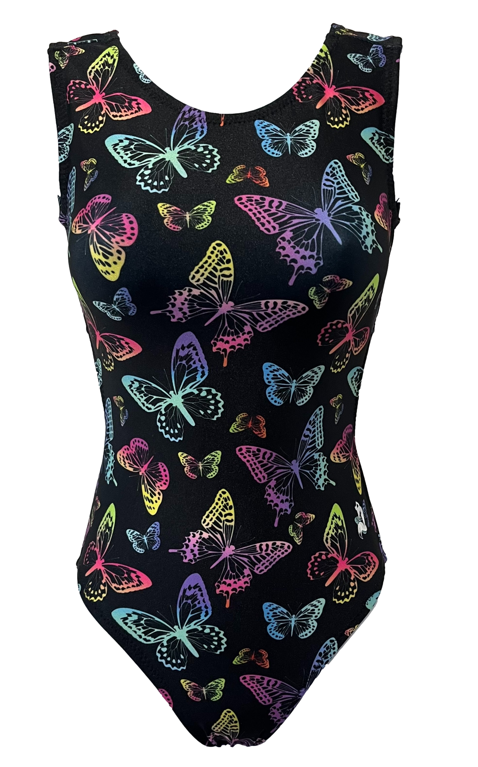 Black leotard with colorful butterfly pattern on a white background