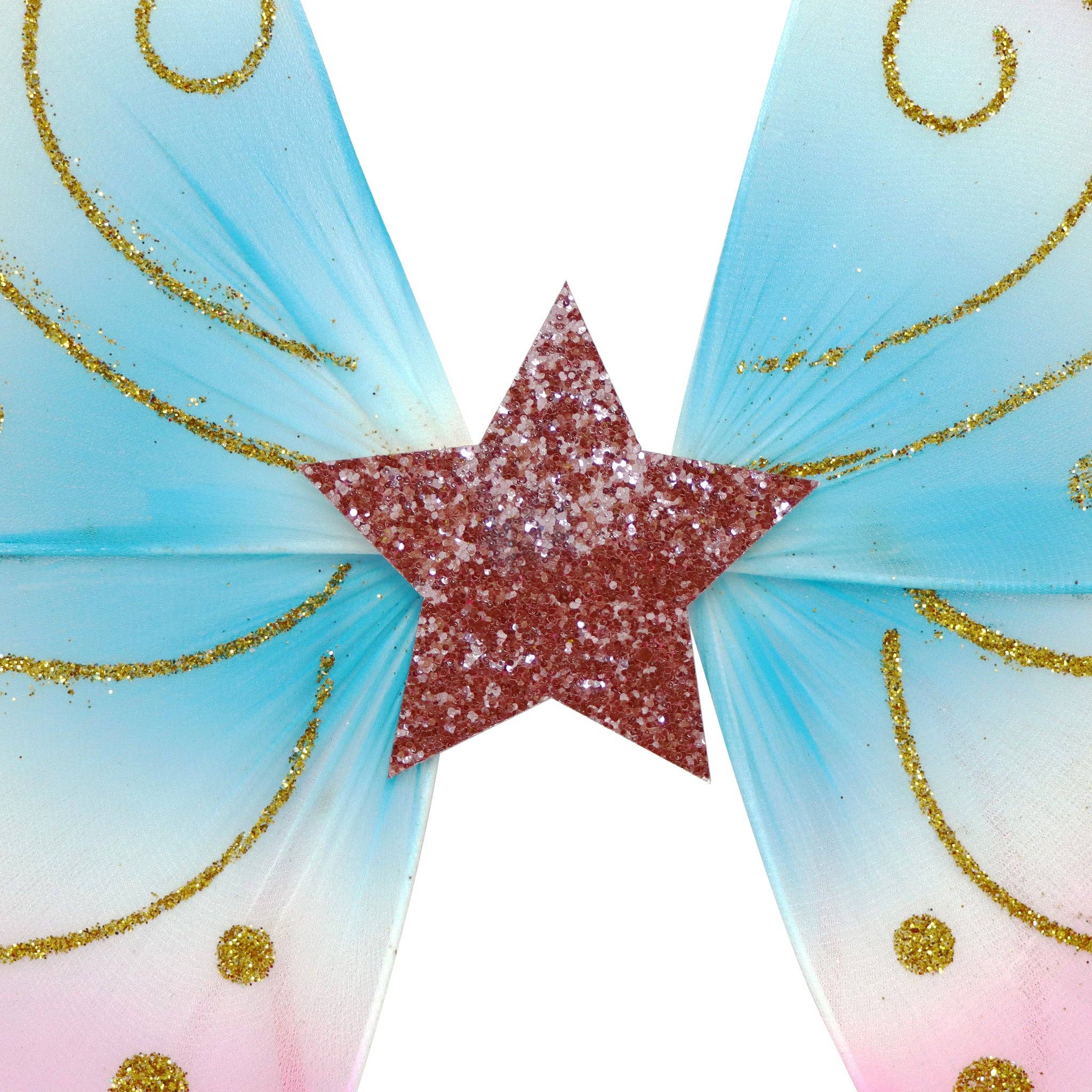 Glittery blue and pink fairy wings with a sparkly star embellishment.