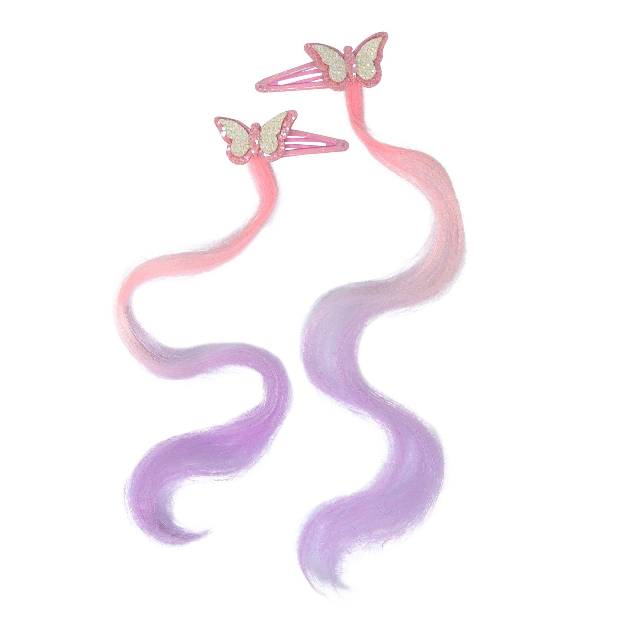 Butterfly hair clips with pink to purple ombre extensions, girls' hair accessories.