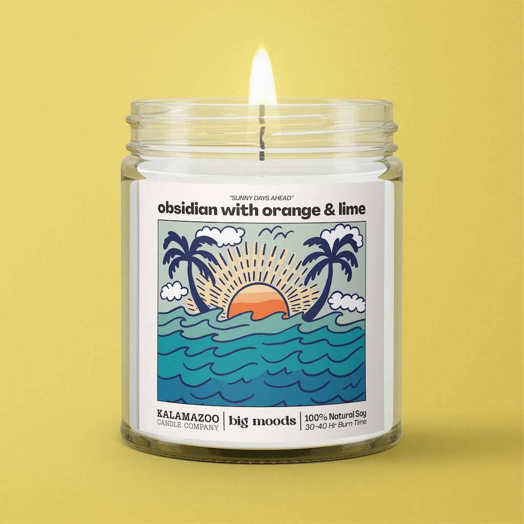 Kalamazoo Candle Company's Obsidian with Orange & Lime scented soy candle with 30-40 hour burn time.