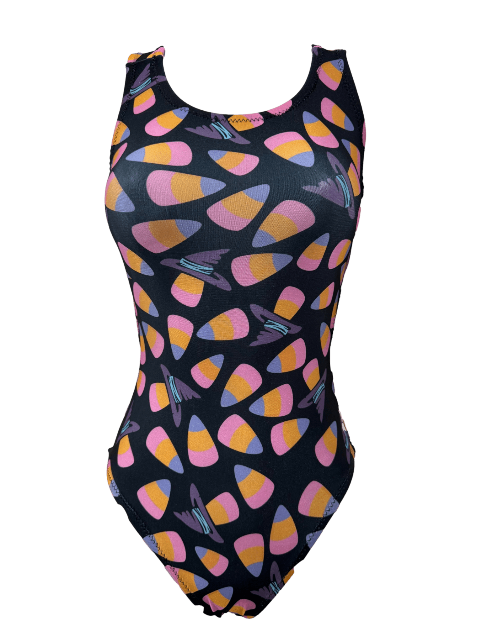 black leotard for girls gymnastics with halloween candy corns