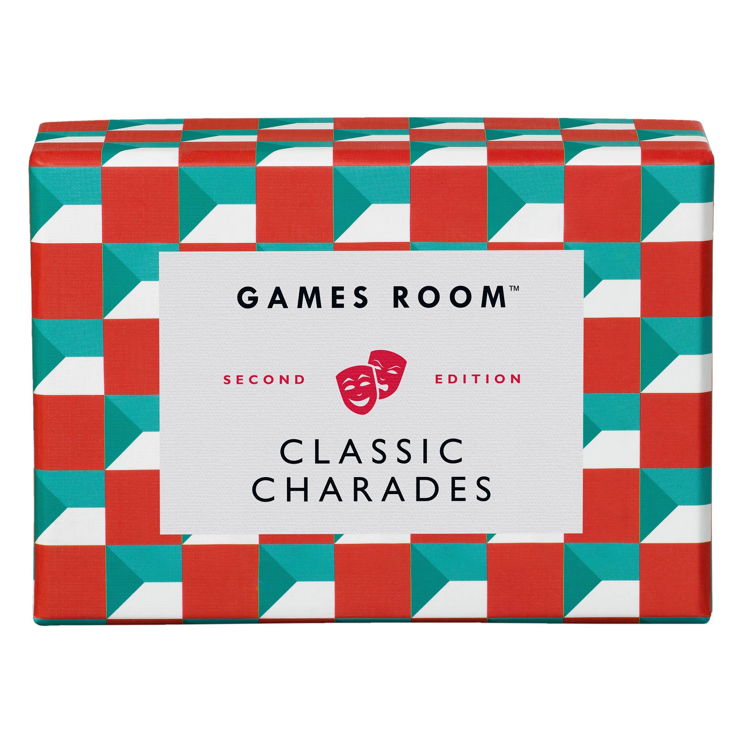 A packaged Classic Charades game with a geometric print box, labeled as 'GAMES ROOM SECOND EDITION CLASSIC CHARADES'.