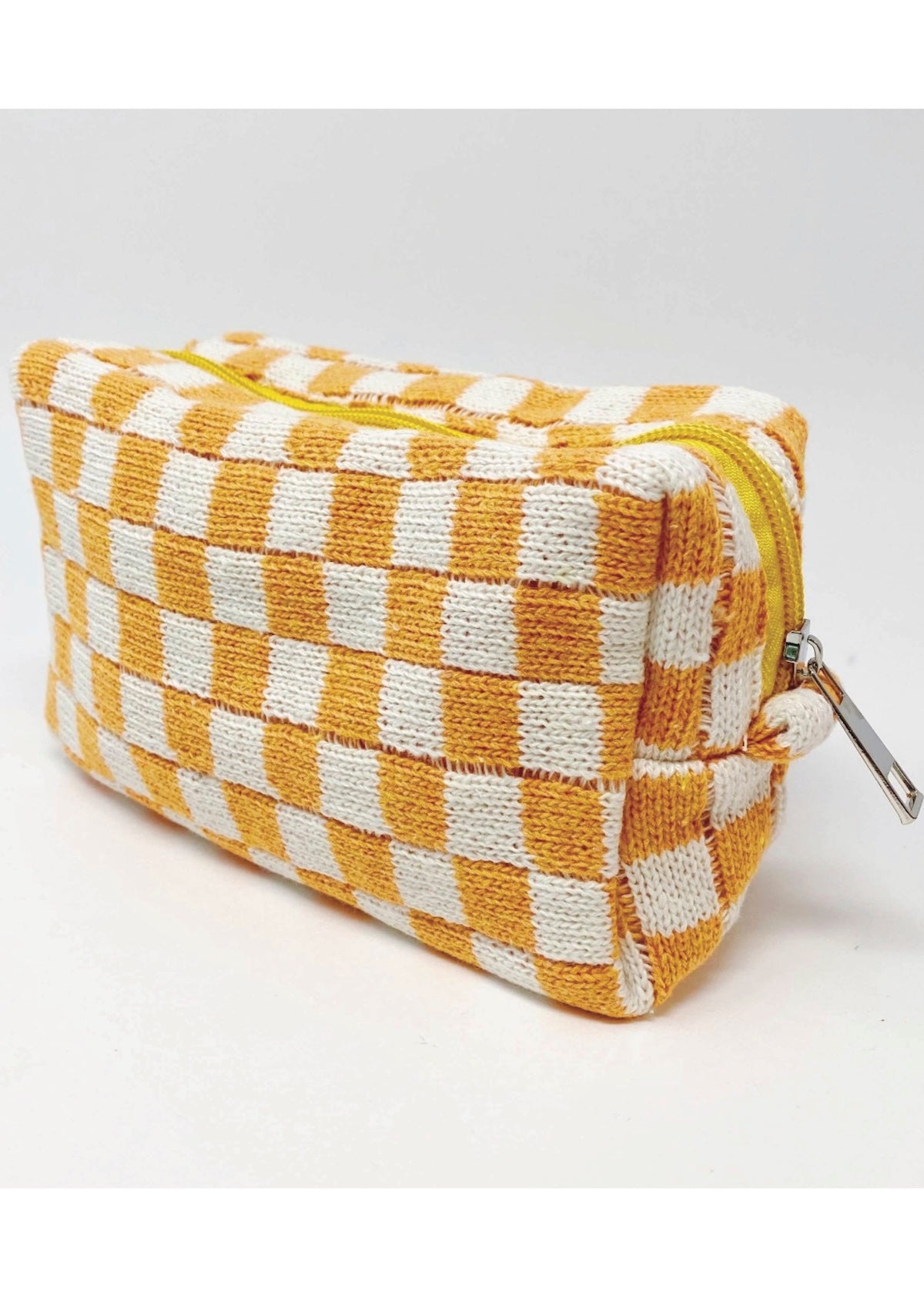 Yellow and white checkered pouch with a zipper on a light gray background