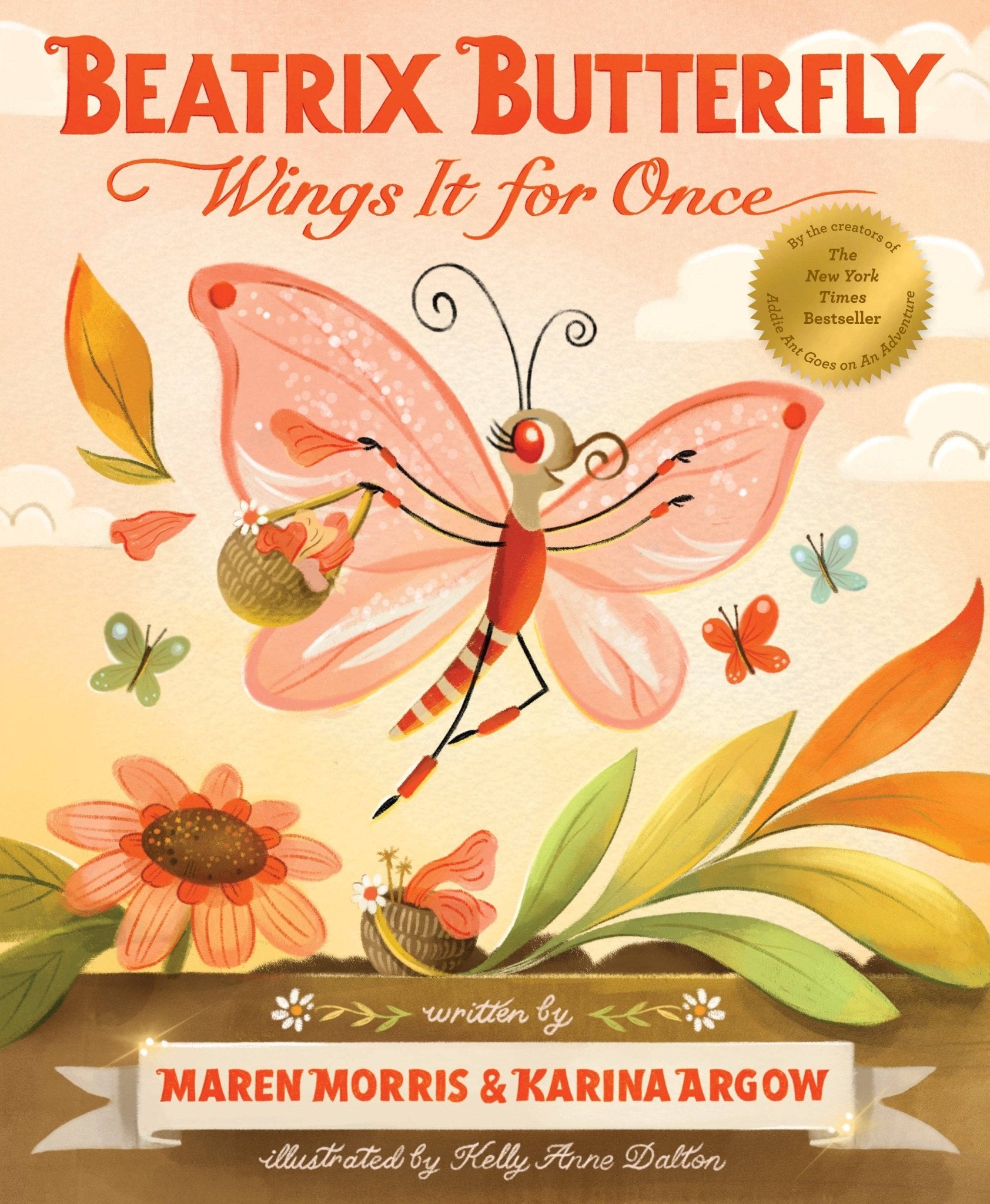 Beatrix Butterfly: Wings It for Once children's book cover. Illustrated butterfly character with baskets.