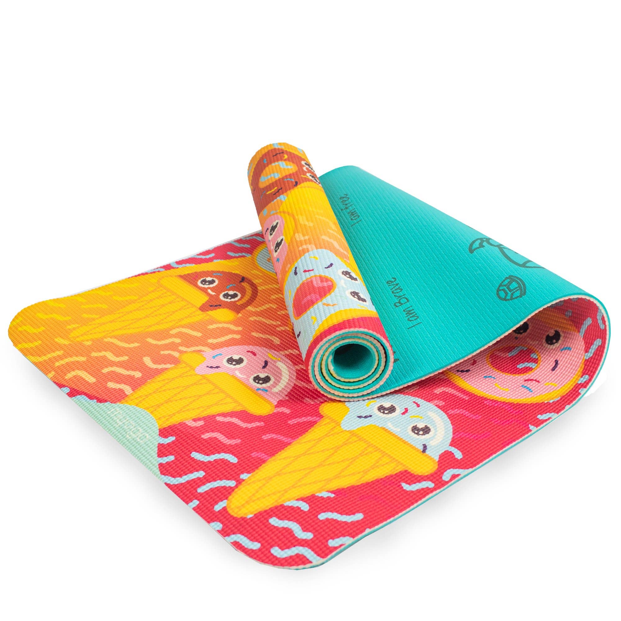 Kids yoga mat with colorful ice cream and donut print, partially rolled.