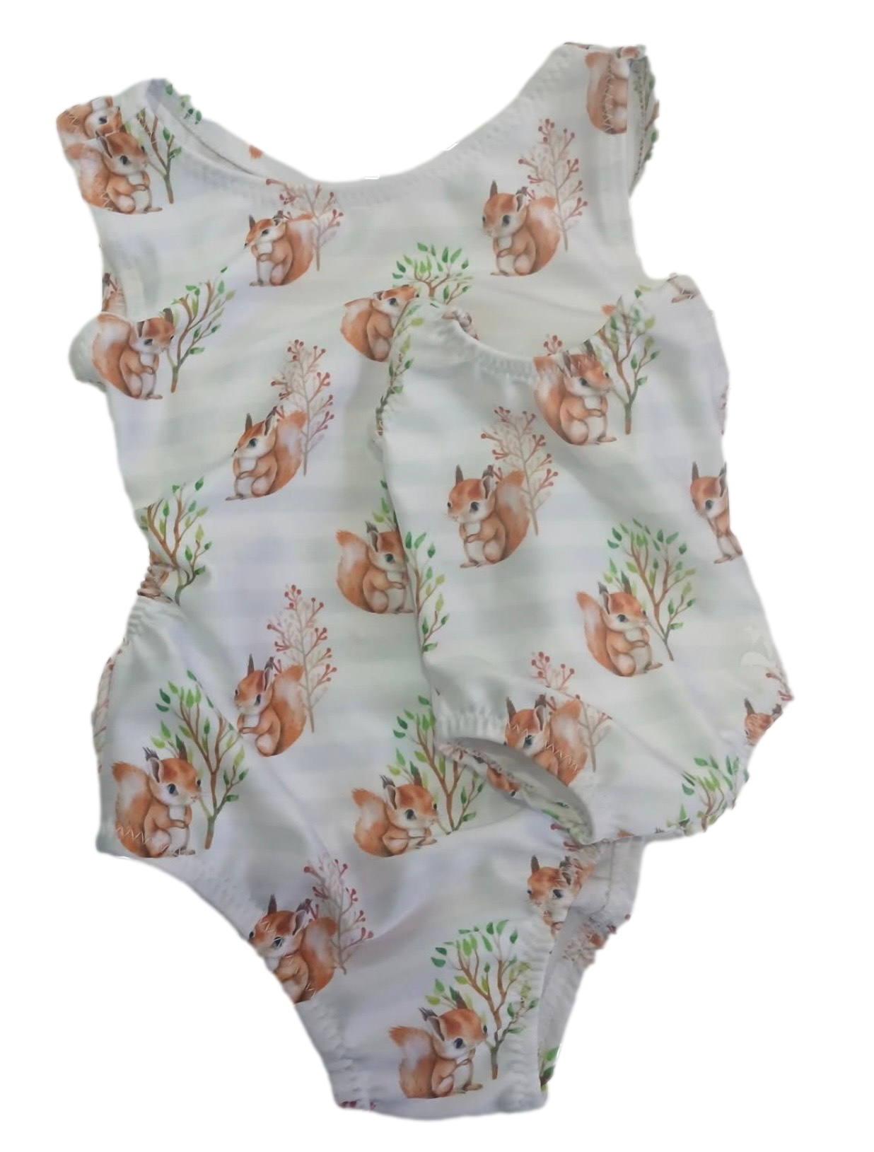 Toddler leotard wiith chipmunk pattern on a white background with a matching doll leotard