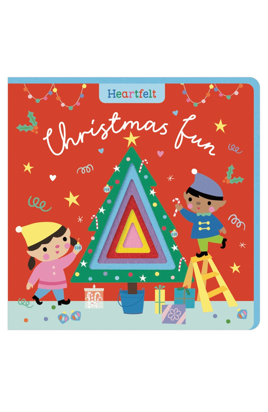 Heartfelt board book titled 'Christmas Fun' featuring a colorful illustration of children decorating a Christmas tree on a red background.