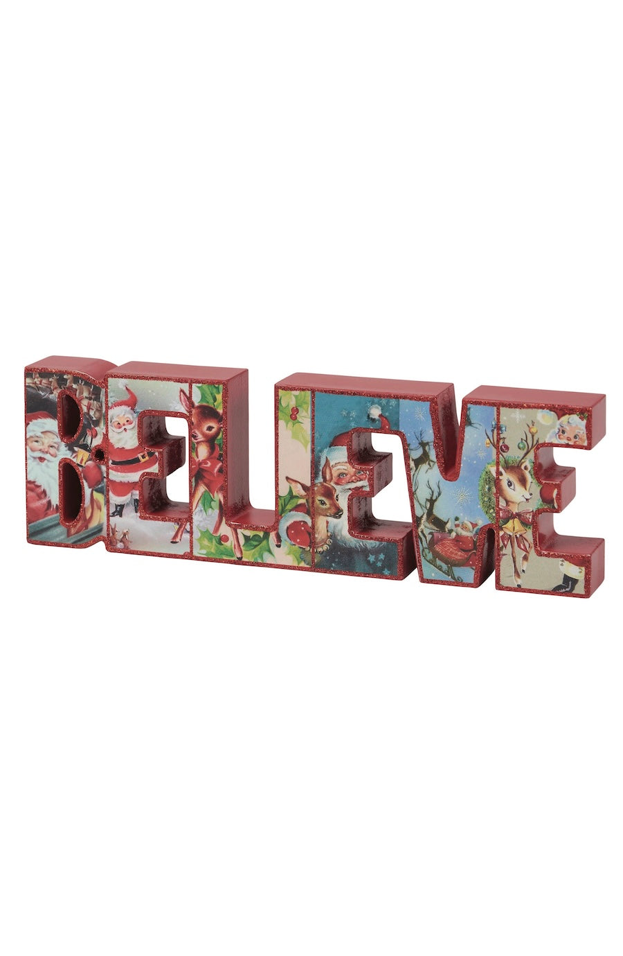 Religious decorative block letters spelling 'BELIEVE' with a red 3D border and vintage Christmas illustrations inside each letter, shown on a plain white background.