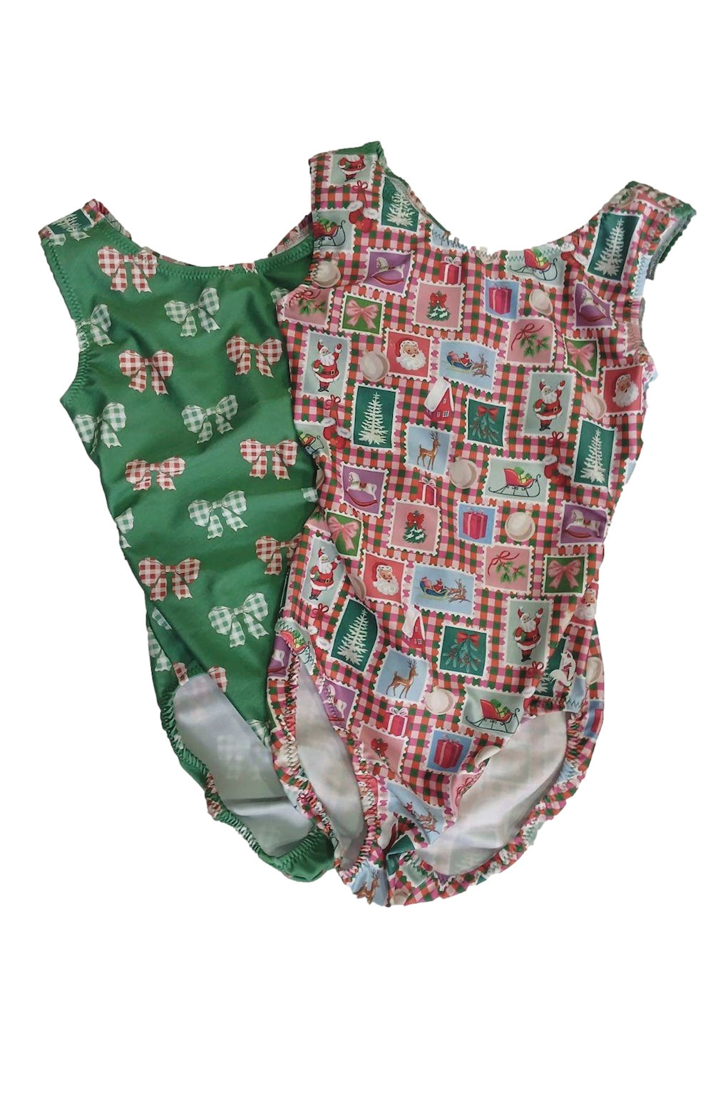 red and green classic Christmas vice versa Foxy's leotard with bows and Christmas images
