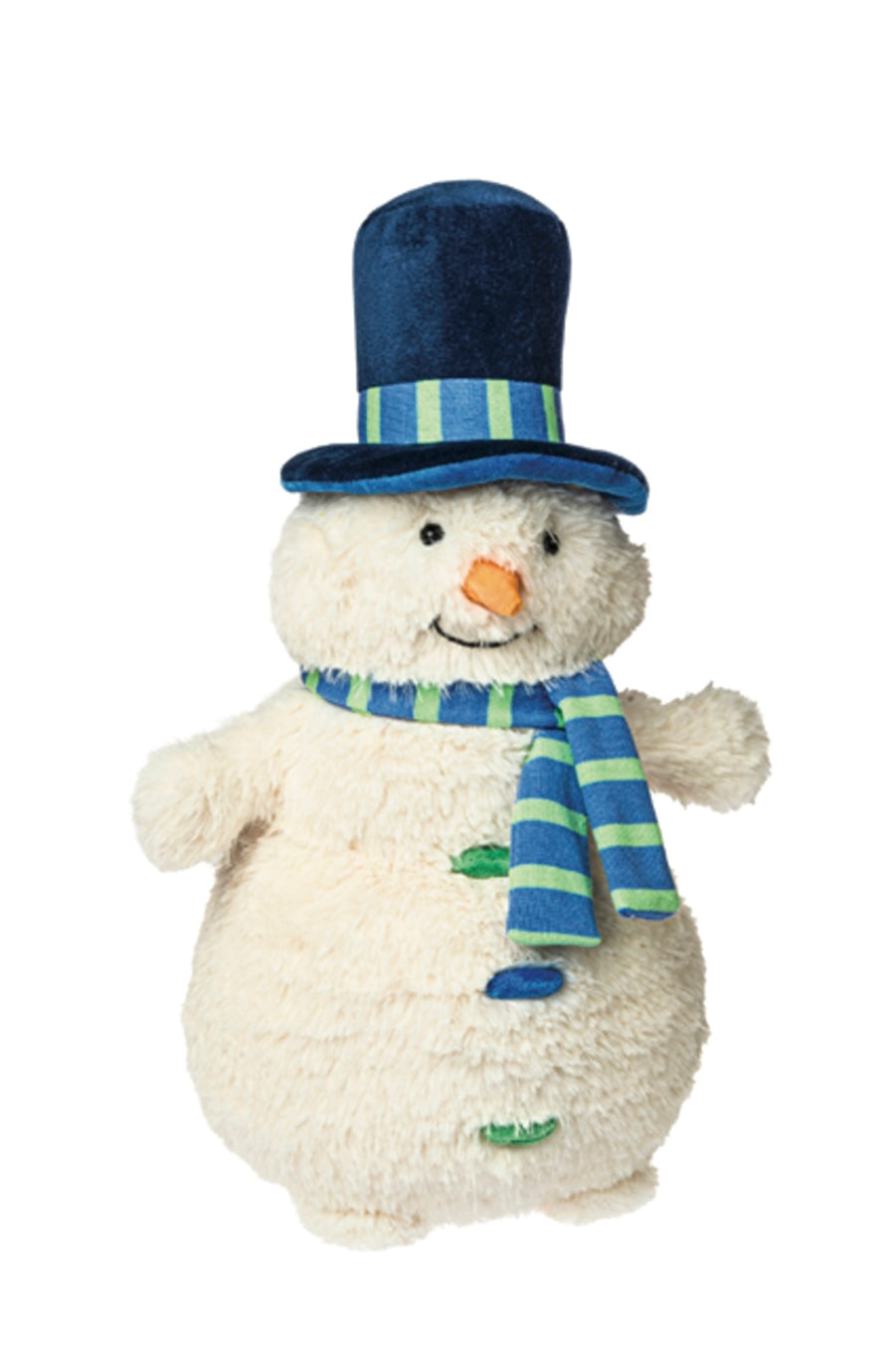 white snowman stuffed animal with a blue and green hat and scarf