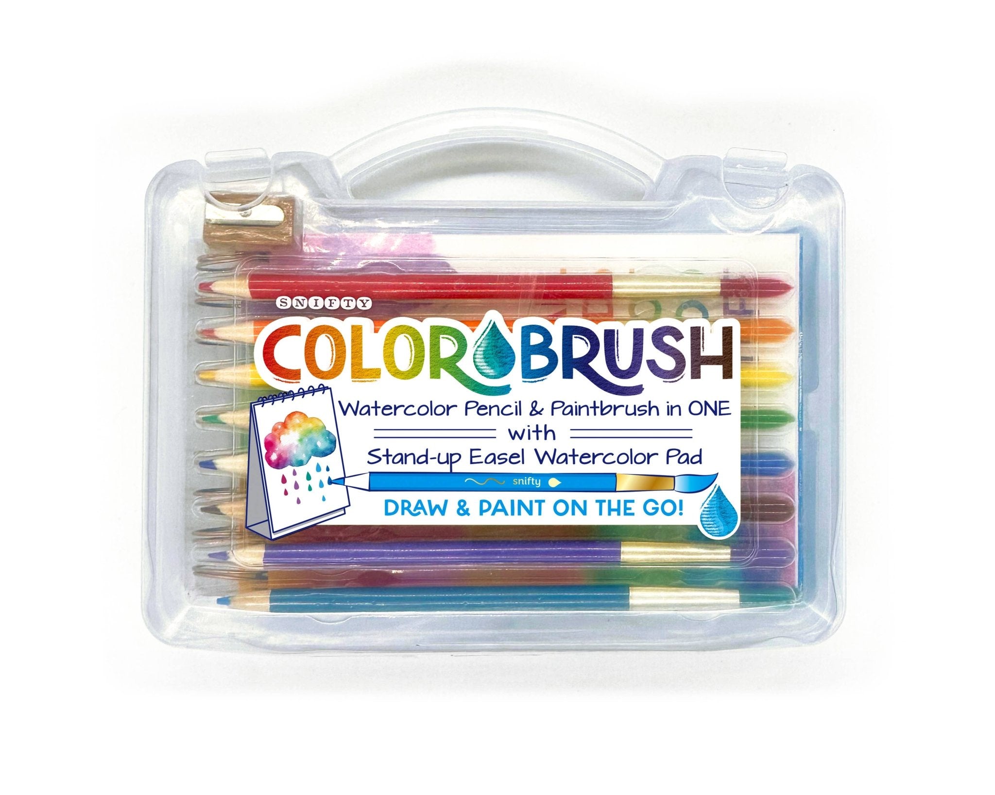 Snifty Color Brush set: watercolor pencils and paintbrushes in a portable carrying case with easel watercolor pad.
