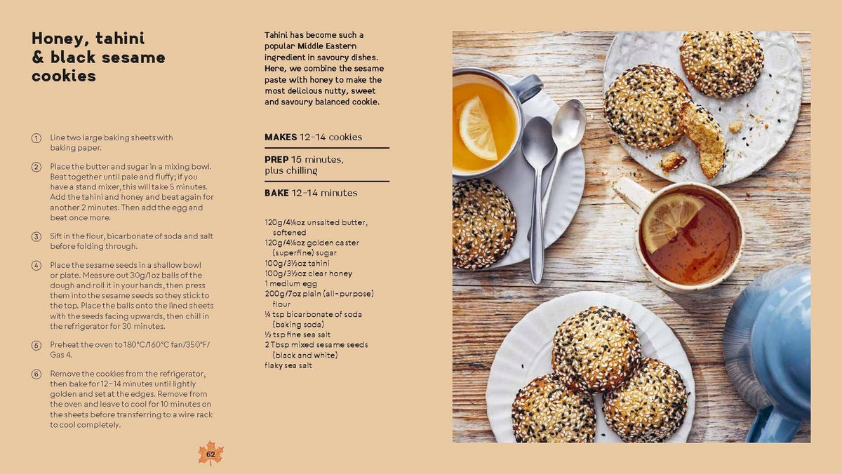 A recipe card for Honey, tahini & black sesame cookies, featuring a step-by-step cooking guide on the left and a styled top-down food photography layout on the right showing the prepared cookies, butter, lemon, and spoons on a wooden table.