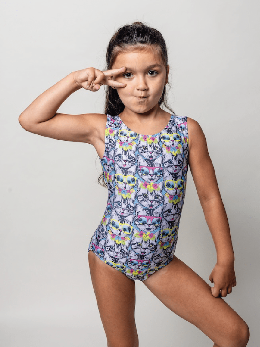 Tropical Cool Cats Gymnastics Leotard - Fun Summer Kitty Print - Foxy’s