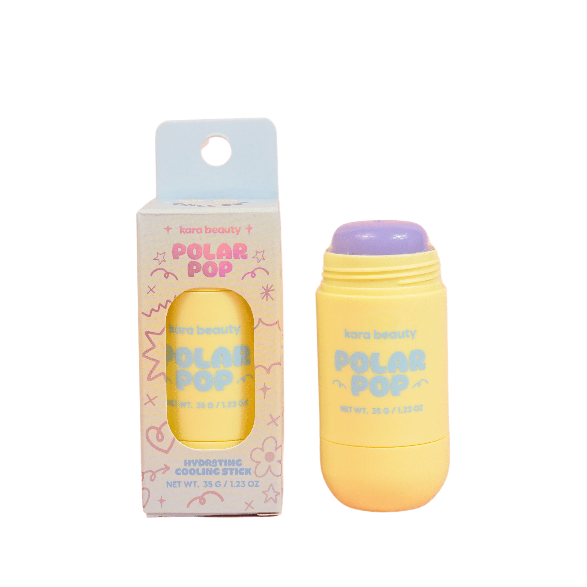 Kara Beauty Polar Pop hydrating cooling stick with yellow packaging and purple balm.